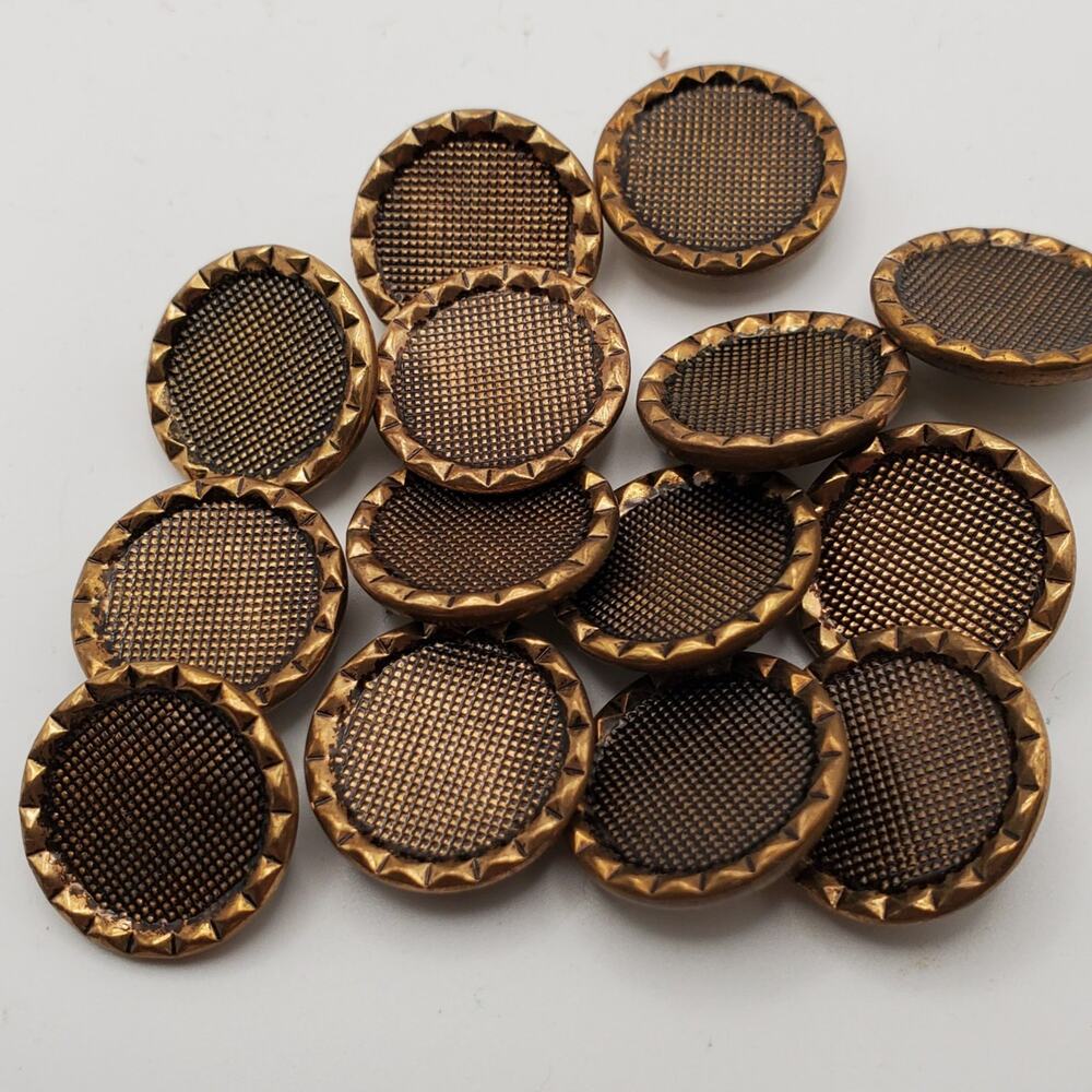 14 Vintage Antiqued Brass Fashion Buttons 3/4"‎ Shank Back Faux Fabric Screen